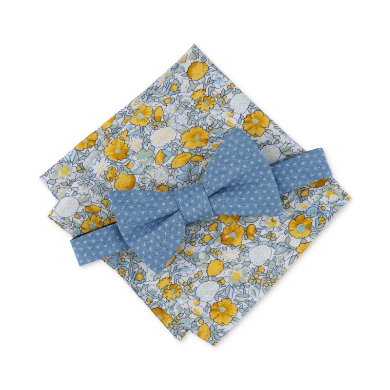 Bar Iii Men's Avondale Diamond Neat Pre Tied Bow Tie & Pocket Square Set Denim