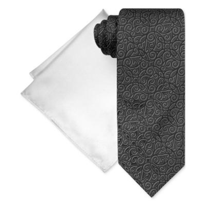 Steve Harvey Men's Tonal Scroll Tie Pocket Square Set Black Necktie