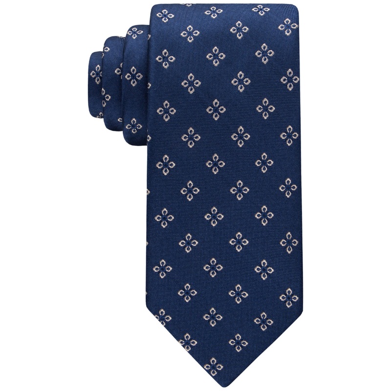 Tommy Hilfiger Men's Classic Flower Medallion Neat Tie Navy Blue Beige Necktie