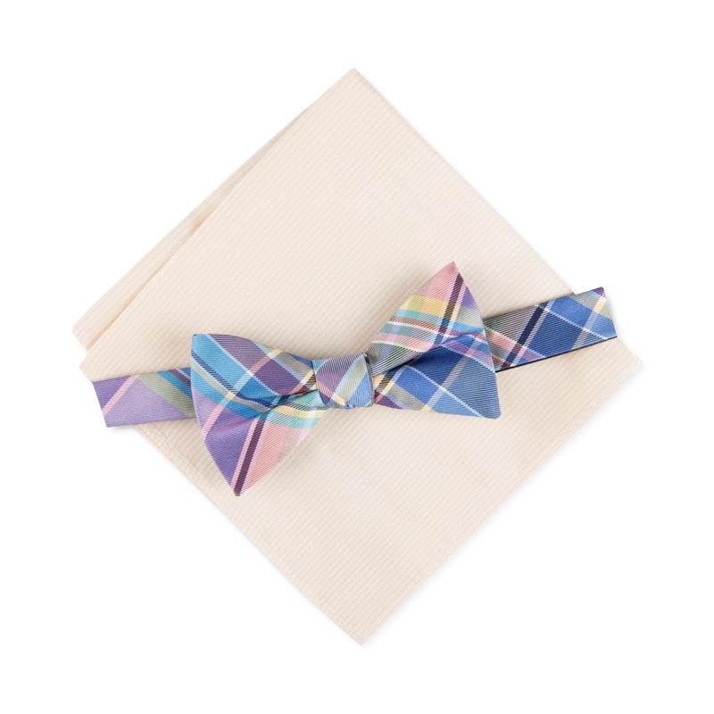 Tommy Hilfiger Men's Plaid Bow Tie Necktie Oxford Pocket Square Set Yellow Multi
