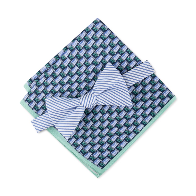 Tommy Hilfiger Men's Stripe Bow Tie Julep Pocket Square Set Blue