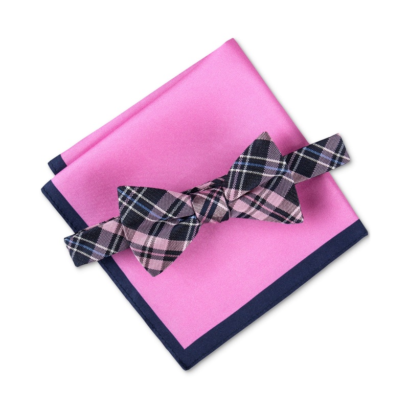Tommy Hilfiger Men's Tartan Plaid Bow Tie Pocket Square Set Blue Pink Necktie