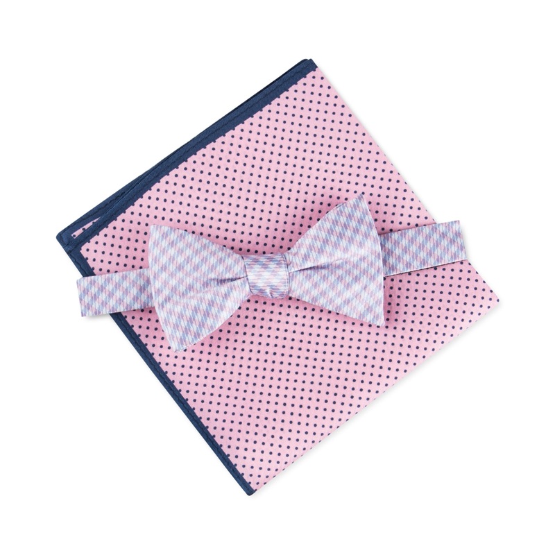 Tommy Hilfiger Mens Pink Gingham Bow Tie and Pocket Square Set
