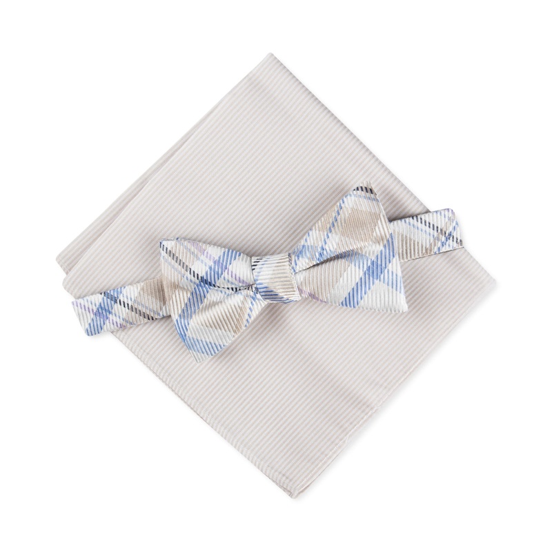 Tommy Hilfiger Mens Plaid Bow Tie and Pocket Square Set Taupe Oxford