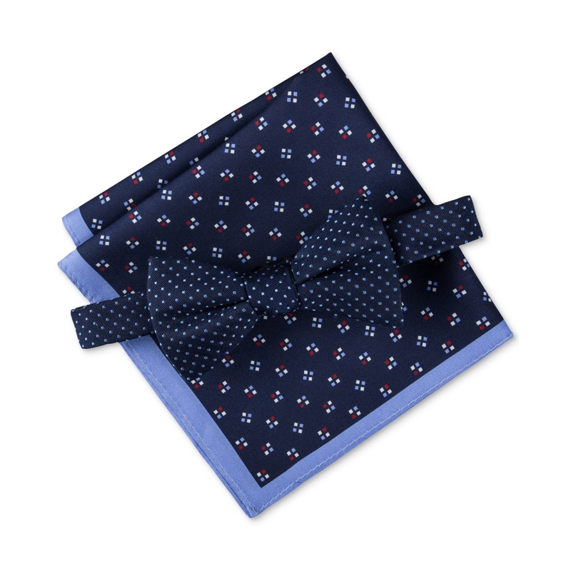 Tommy Hilfiger Mens Polka Dot Bow Tie and Pocket Square Set Navy