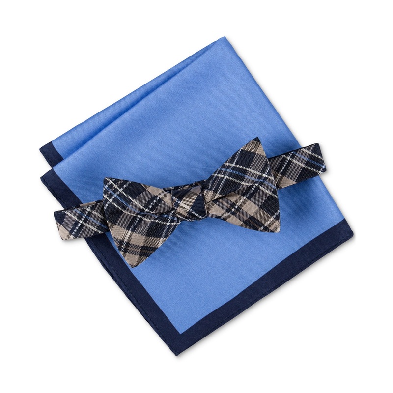 Tommy Hilfiger Mens Tartan Plaid Bow Tie Pocket Square Set Navy Taupe