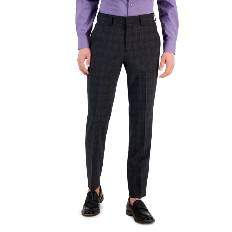 Hugo Boss Men's Modern-Fit Check Suit Dress Pants 34 x 32 Charcoal Grey