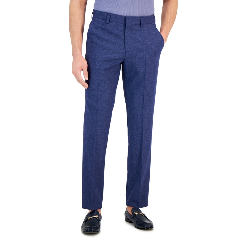 HUGO Boss Mens Modern-Fit Micro-Grid Dress Pants Size 40 Blue Wool