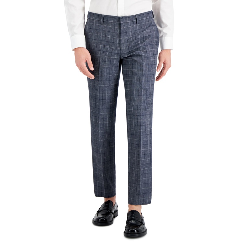HUGO BOSS Mens Slim-Fit Gray Windowpane Dress Pants 34 x 32 Wool Plaid