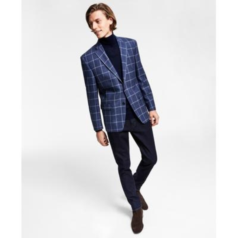 Lauren Ralph Lauren Mens Ultraflex Windowpane Blazer Blue Denim 46L