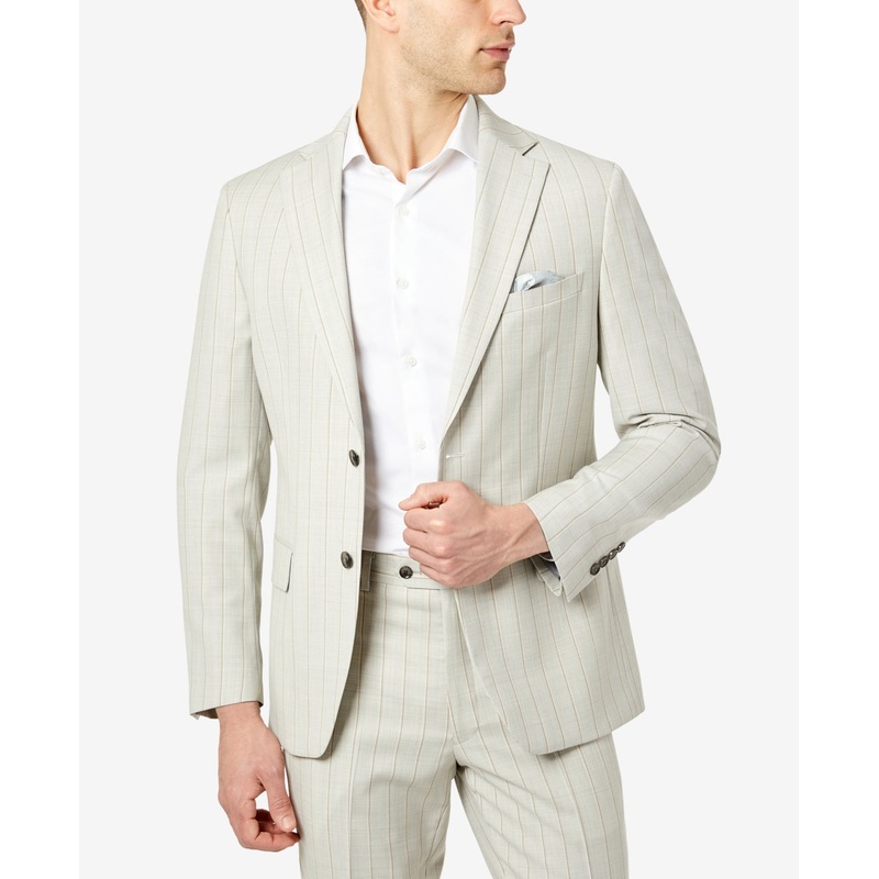 Tallia Mens Slim Fit Wool Suit Jacket Stripe Grey Tan 46R