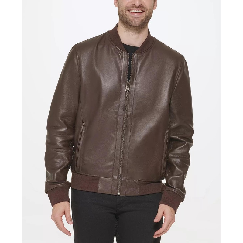 Cole Haan Mens Varsity Jacket Bonded Leather Java Small