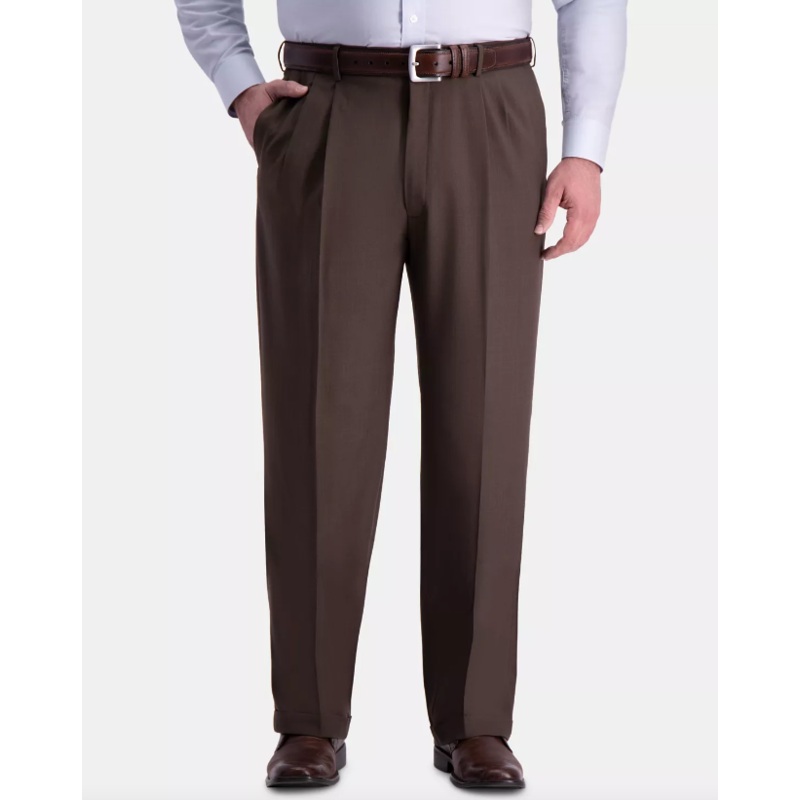 Haggar Mens Big & Tall Premium Comfort Stretch Pleated Dress Pants Dark Chocolate 44 x 34