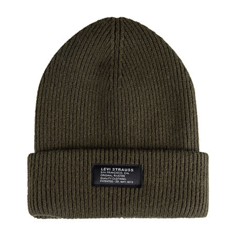 Levi's Men's Chunky Rib Knit Jersey-Lined Cuff Beanie Olive Green OSFA