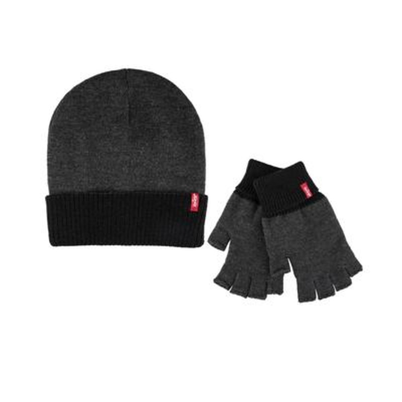 Levis Mens Reversible Beanie And Fingerless Gloves Grey One Size