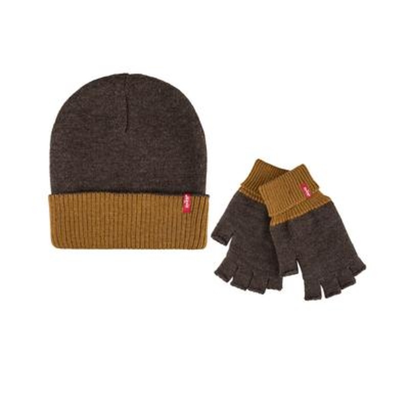 Levis Mens Reversible Beanie And Fingerless Gloves Tan Black One Size