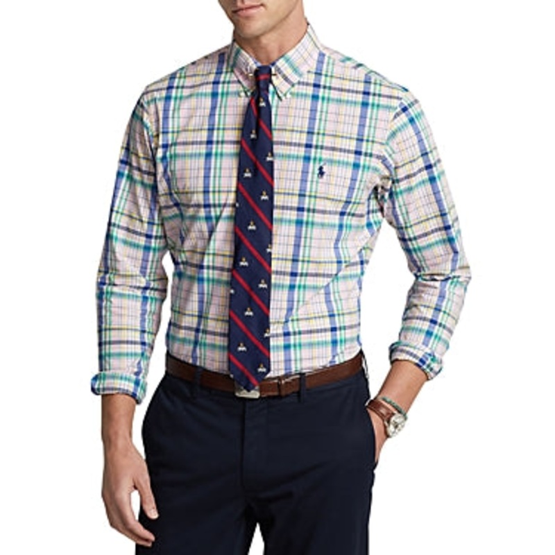 Polo Ralph Lauren Mens Slim Fit Plaid Poplin Shirt Pink Green 2XL