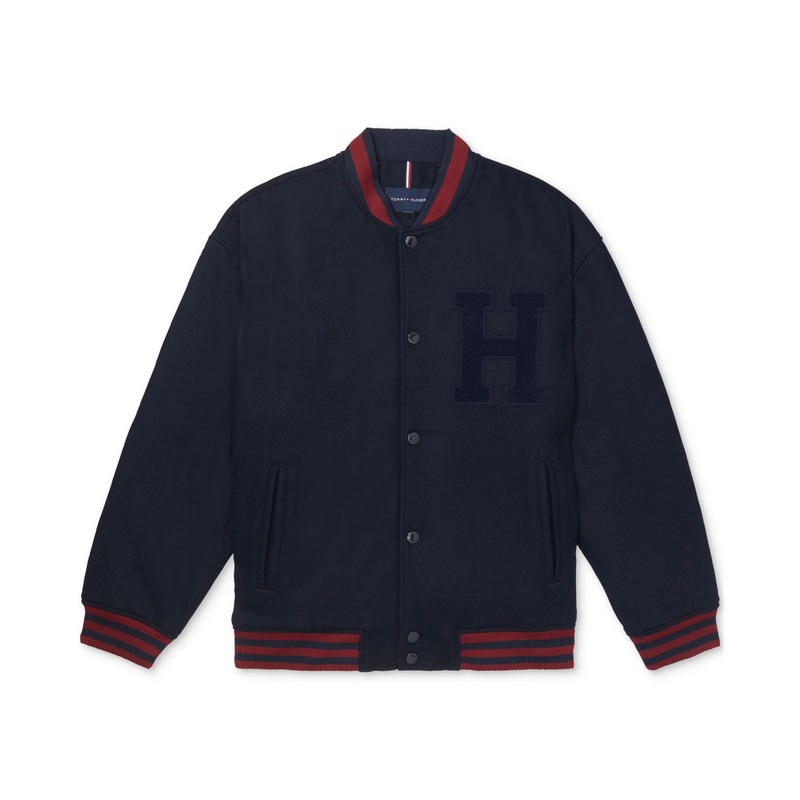 Tommy Hilfiger Men's Adaptive Desert Sky Varsity Jacket Large Navy Blue Wool