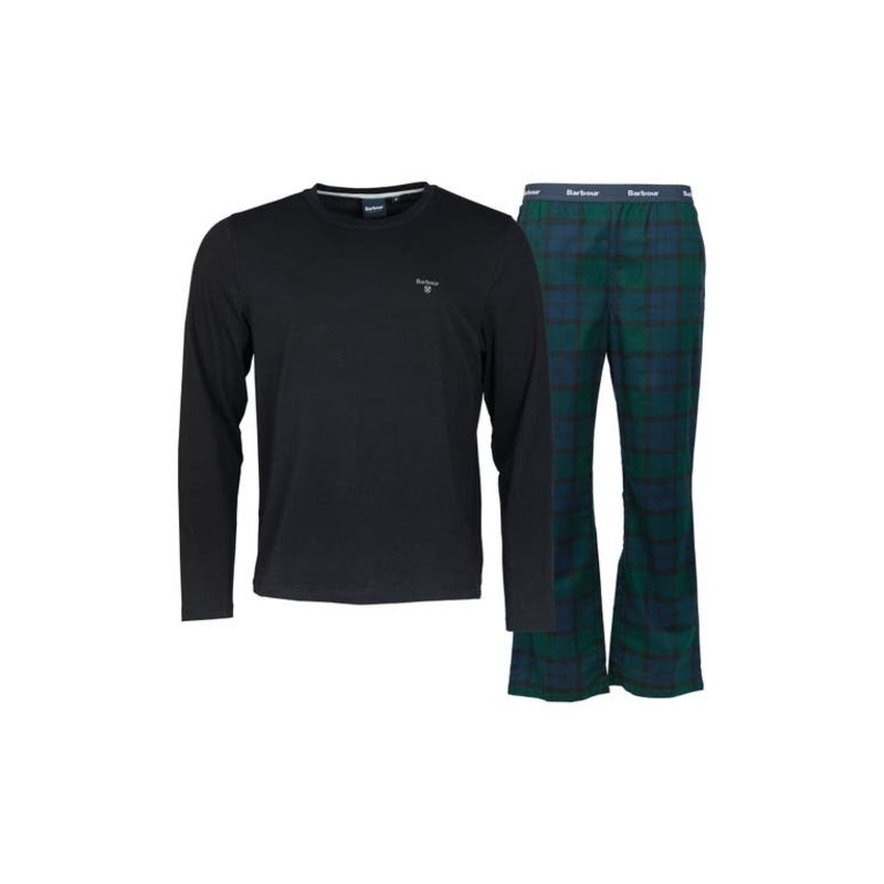 Barbour Doug 2 PC Pajama Set Medium Long Sleeve Plaid Pants Black Green