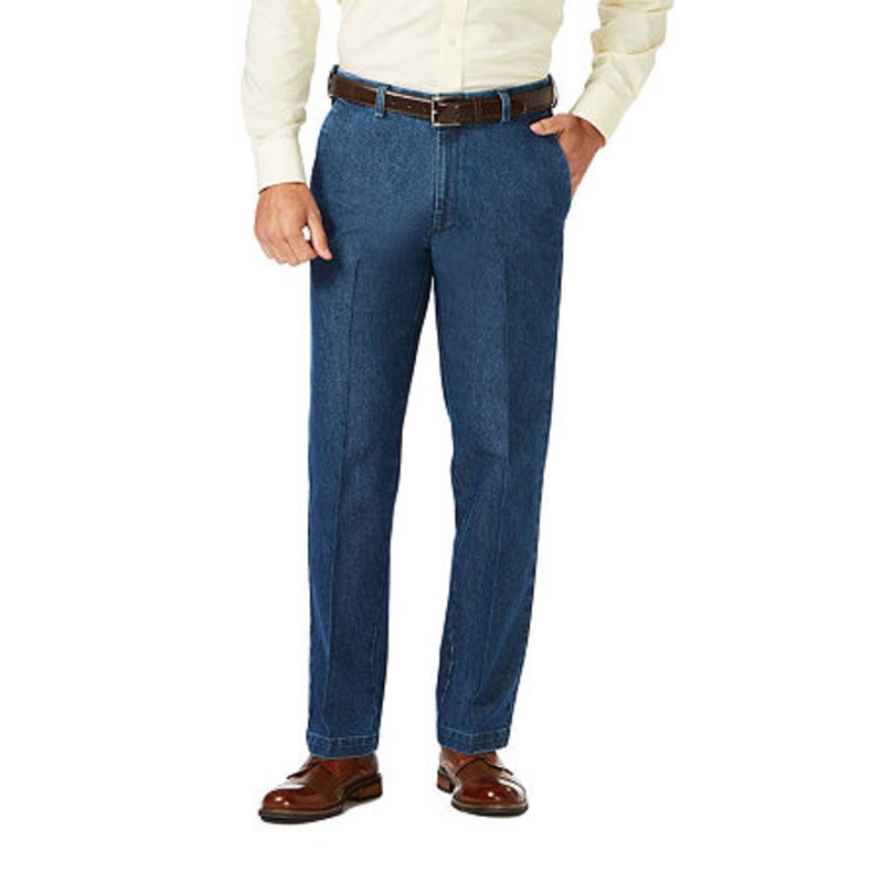 Haggar Men's Stretch Denim Flat Front Trouser Pants Classic Fit 40 x 30