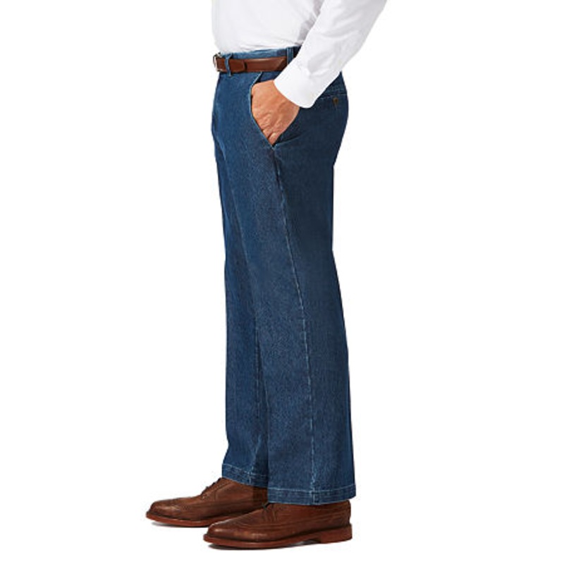 Haggar Mens Big & Tall Stretch Denim Flat Front Trouser Classic Fit Blue 54 x 34