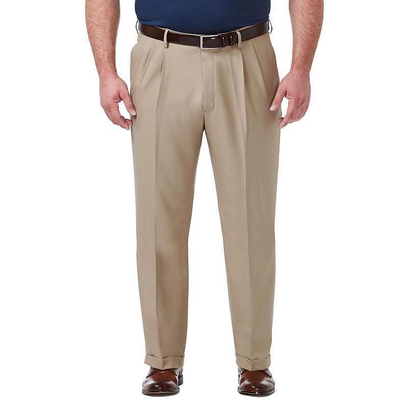 Haggar Mens Big & Tall Stretch Dress Pants Tan 46 x 32