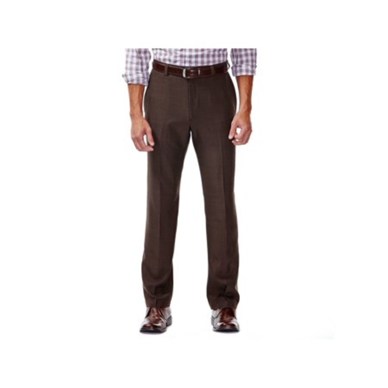 Haggar Mens E-CLO Stria Classic Fit Flat Front Dress Pant Brown  36 x 32