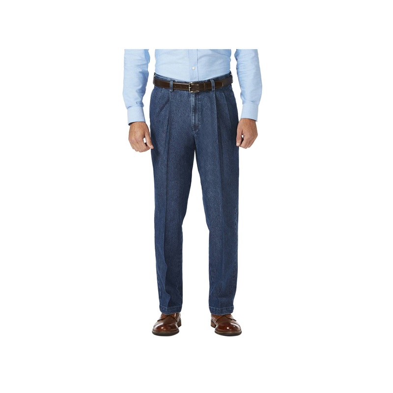 Haggar Mens Stretch Denim Pleat Front Trouser Classic Fit Blue 36 x 32