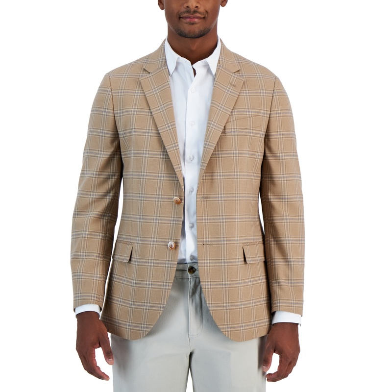 Nautica Mens Modern Fit Plaid Sport Coat Tan blue 38S