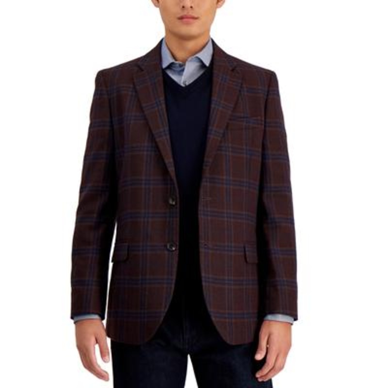 Nautica Mens Modern-Fit Sport Coat Plaid Herring Burgundy 40S