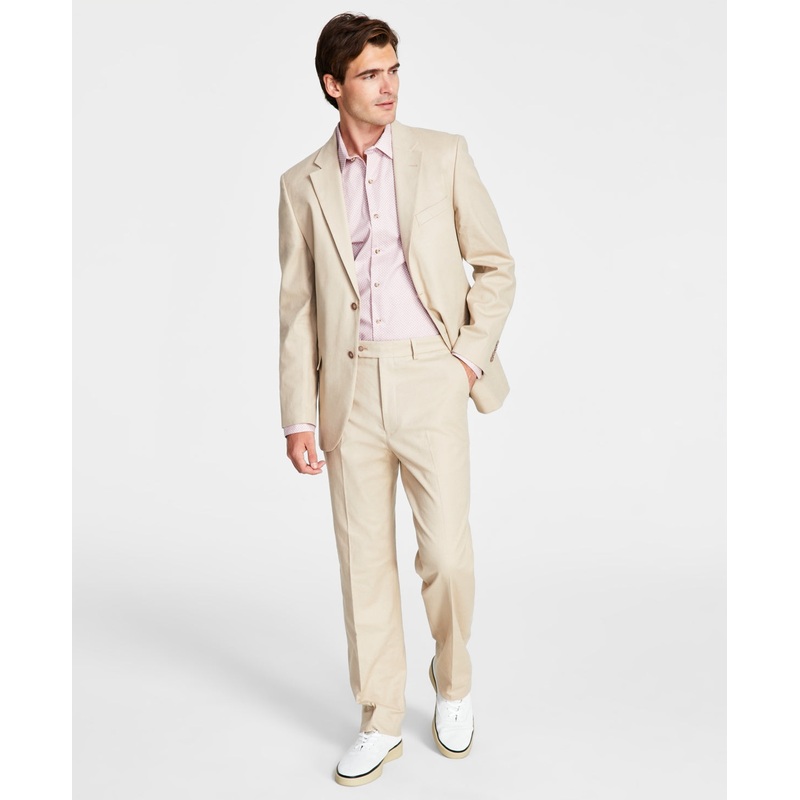 Nautica Mens Modern-Fit Stretch Suit 36R / 30 x 32 Khaki Beige Linen Cotton