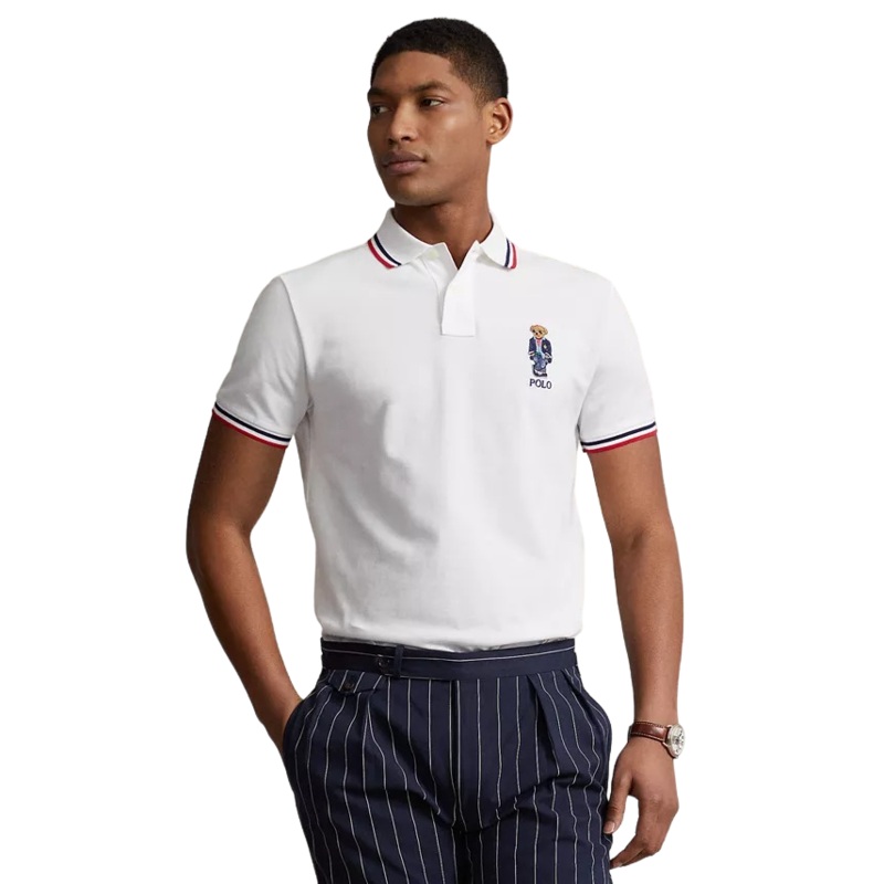 POLO RALPH LAUREN Men's Custom Slim Fit Polo Bear Polo Shirt Medium White