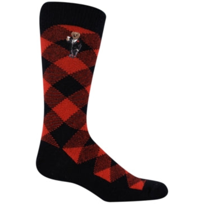 Polo Ralph Lauren Mens Buffalo Plaid Boot Socks Bear Embroidery Black Red10-13
