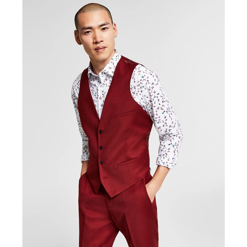 Bar III Mens Slim Fit Suit Vest Solid Red Solid Red Medium