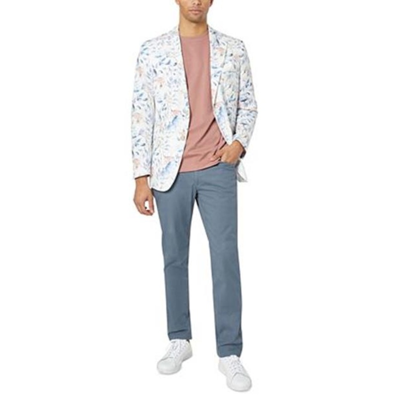 Tallia Mens Slim Fit Floral Linen Sport Coat White Mauve Blue 40S