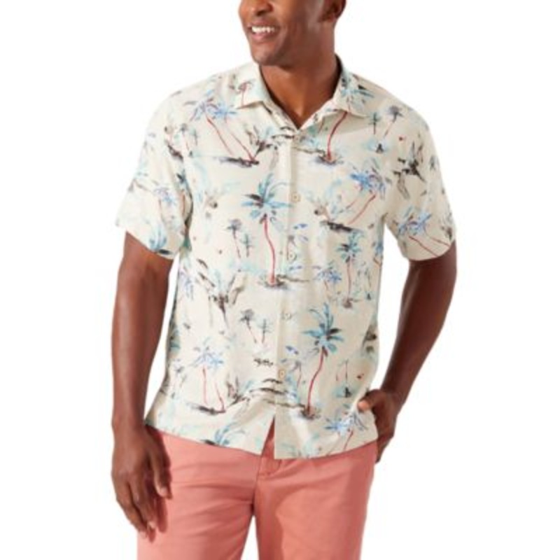 Tommy Bahama Men's Glass Beach Palms Jacquard Shirt Abalone Brown XXL Silk Hawaiian