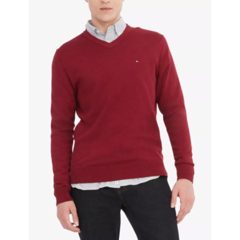 Tommy Hilfiger Men's Signature Solid V-Neck Sweater Rouge Red Small