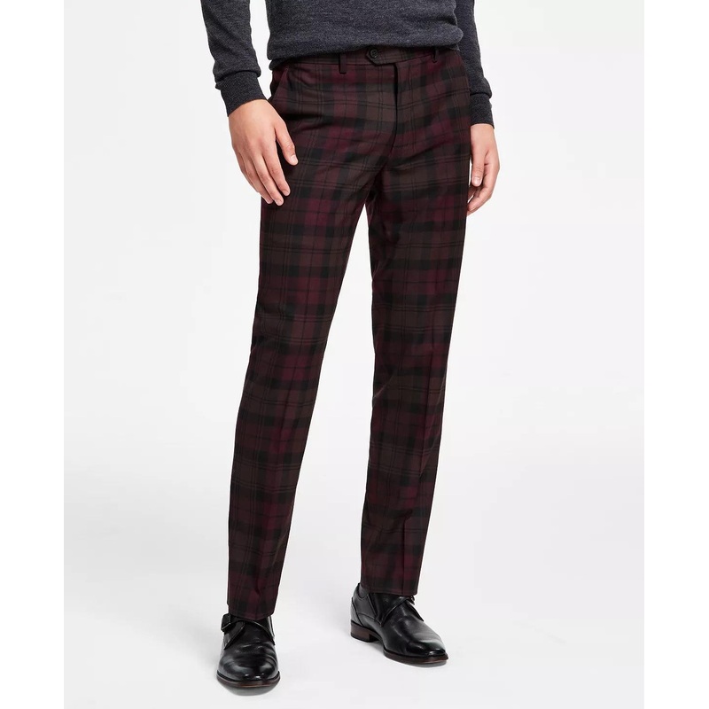 Bar III Men's Slim-Fit Burgundy Plaid Suit Separate Pants 32 x 30
