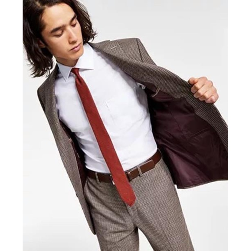 Bar III Men's Slim Fit Two-Button Blazer Burgundy Black Check 42 Short