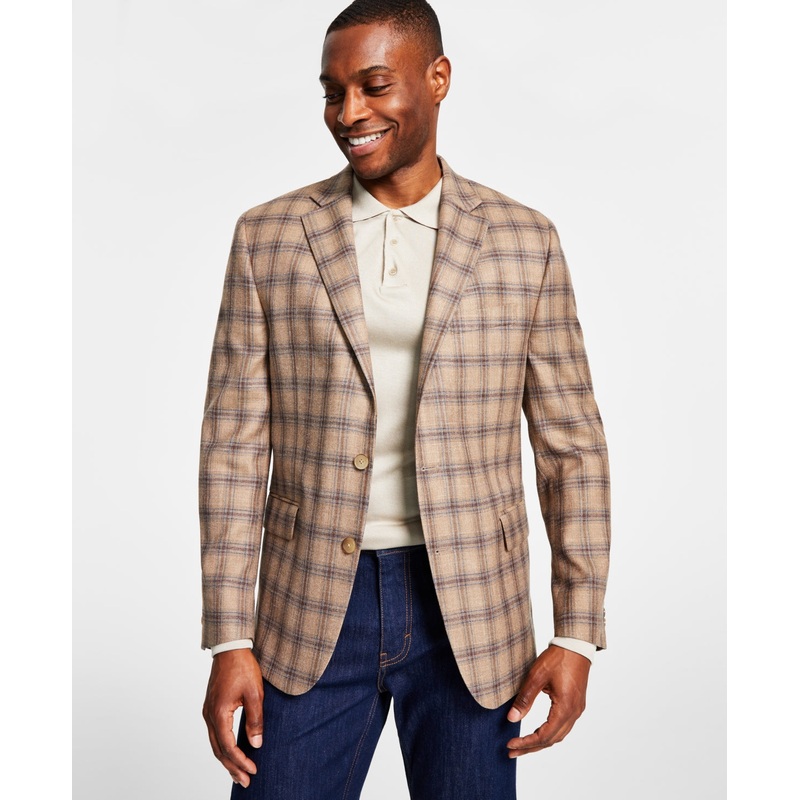 Lauren Ralph Lauren Mens Wool Classic Fit UltraFlex Check Blazer Tan Blue 44L