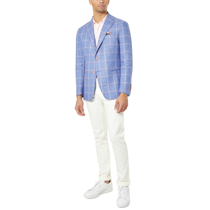 Tallia Men's 42R Slim Fit Linen Sportcoat Blue Patterned