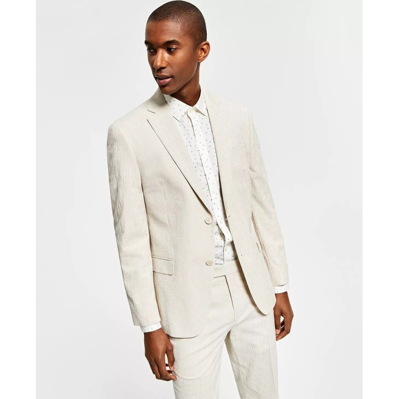 Alfani Men's Slim-Fit Seersucker Stripe Suit Jacket Tan Cream 36R