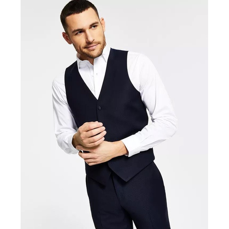 Alfani Mens Slim Fit Navy Diamond Grid Tuxedo Vest Large