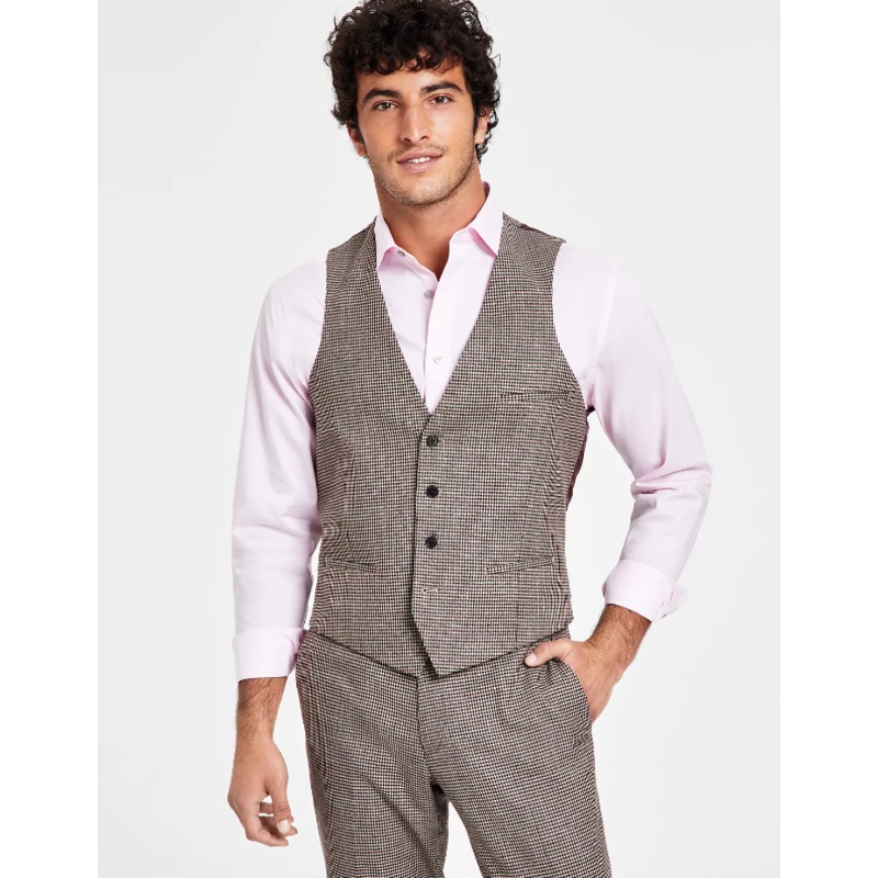 Bar III Men's Slim-Fit Check Vest - Burgundy Black Check Medium