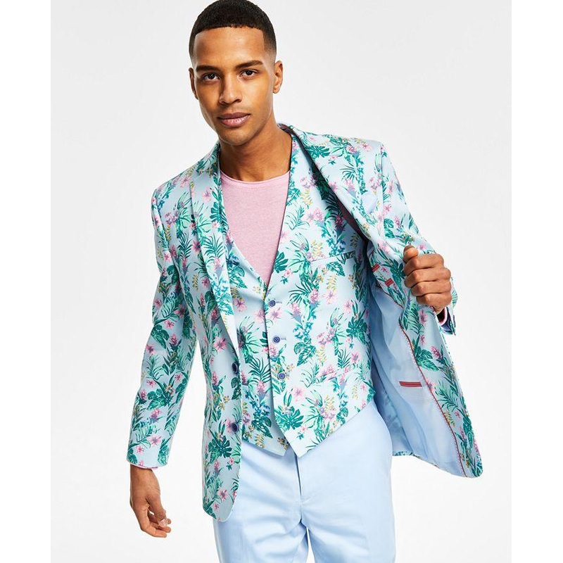 Bar III Men's Slim-Fit Floral-Print Suit Jacket 40R Blue Pink