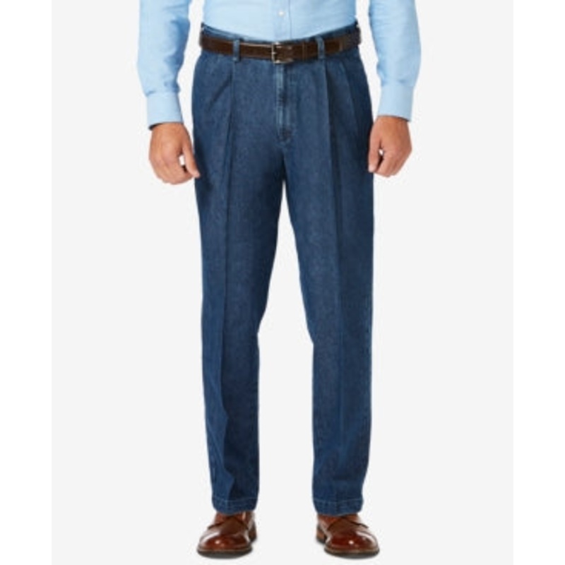 Haggar Men's Stretch Denim Classic-Fit Pleated Pants Med Stonewash 32 x 30