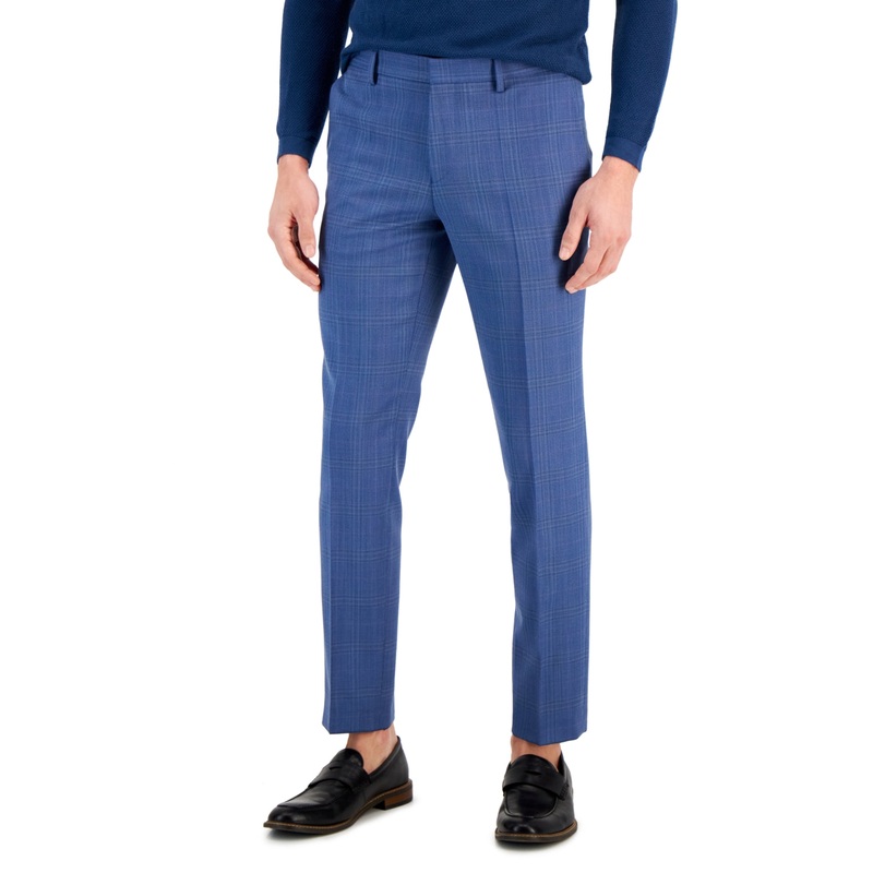 Hugo Boss Men's Slim-Fit Plaid Suit Dress Pants 34 x 32 Blue Wool