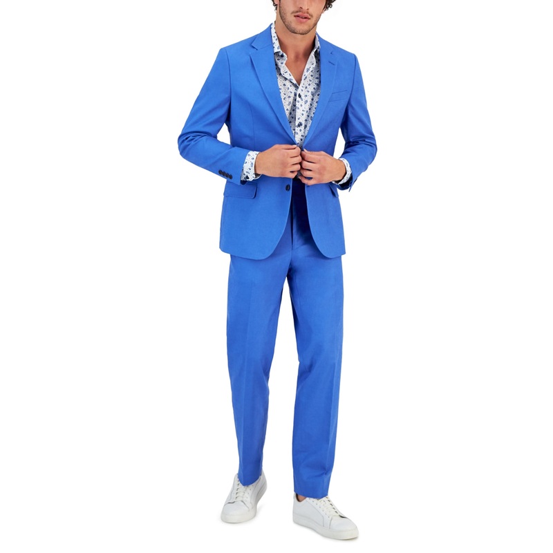 NAUTICA Men's Suit 42S / 36 x 32 Royal Blue Modern-Fit Cotton Linen Blend