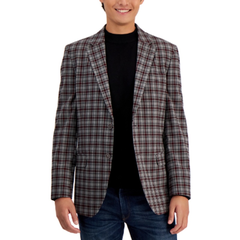Nautica Mens ModernFit Plaid Suit Jacket Burgundy Grey 44R