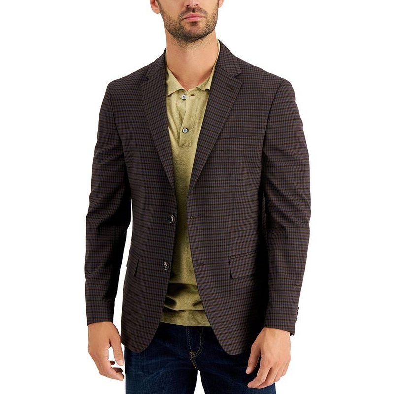Tommy Hilfiger Men's Modern-Fit Check Blazer 40R Burgundy Brown